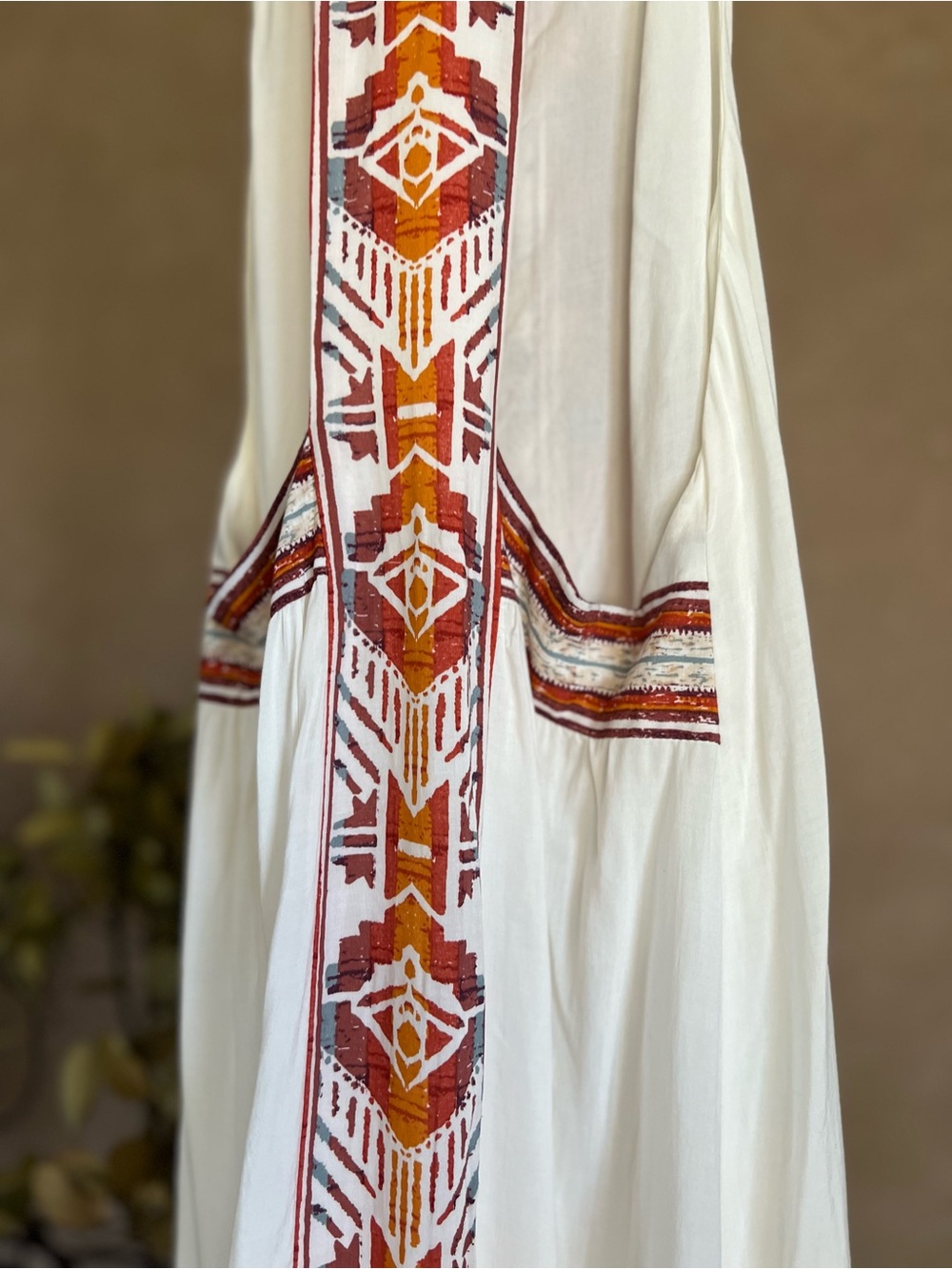 Boho White Mini Sun Dress with Orange and Turquoise Geometric Racerback Design - Picture 8 of 13